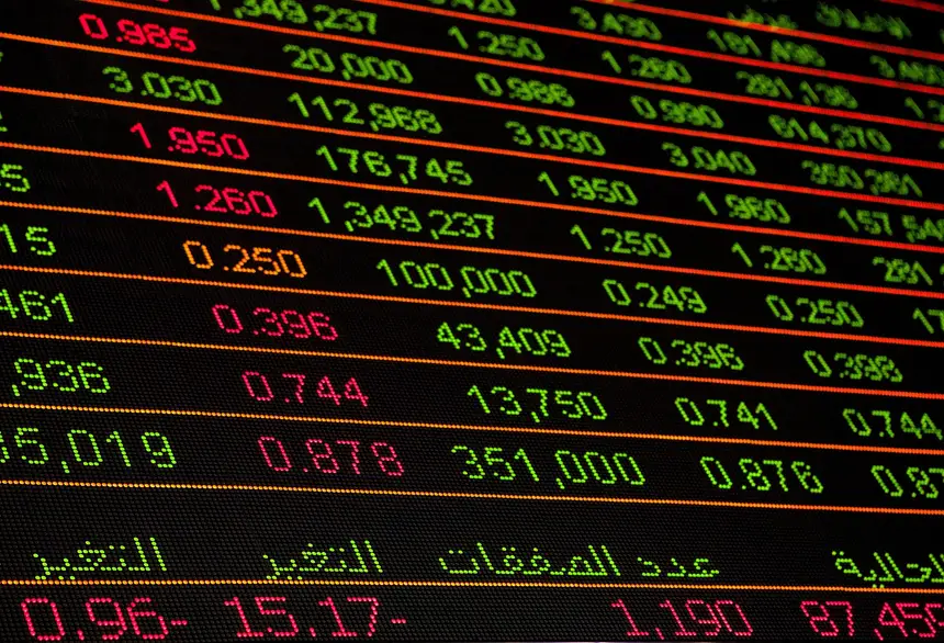 Close-up of a screen showing rows of numeric market data and price quotes